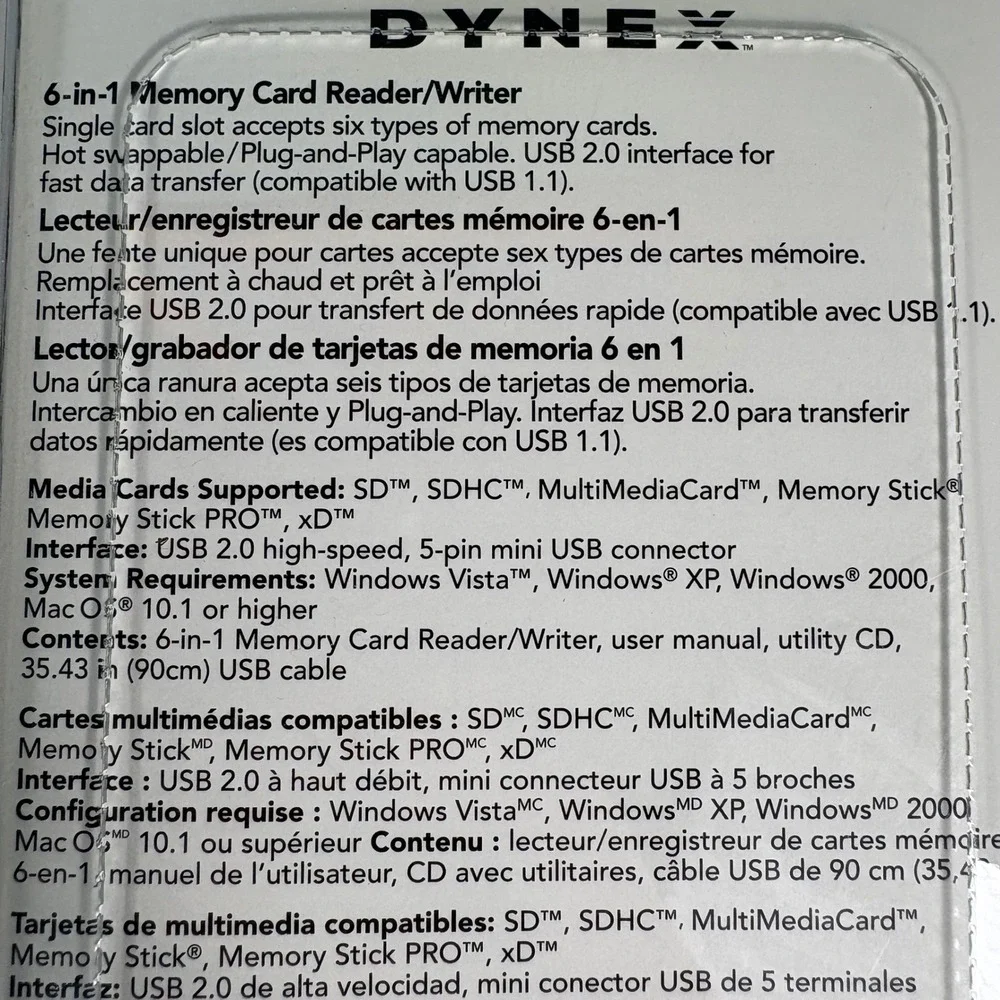 Dynex 6 in 1 USB 2.0 Memory Card Reader Writer‎ SD CF MS xD New